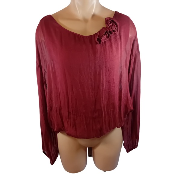Femme Tops - Y2K Femme Silk Blouson Hem Flowy Whimsigoth Burgundy Rose Blouse Sheer Sleeves M